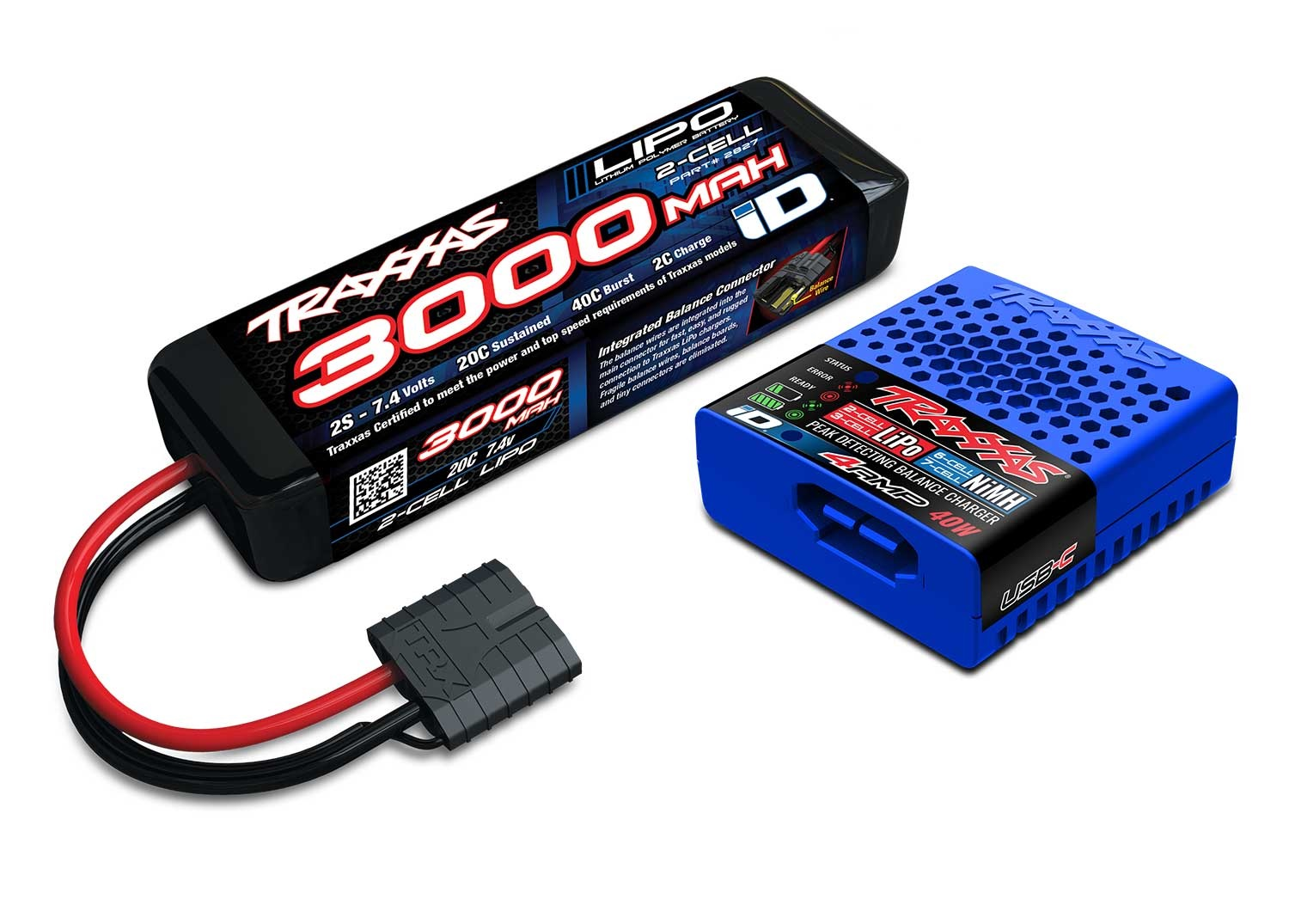 Paquete completo de batería/cargador (incluye cargador n.° 2985 (1), batería n.° 2827X de LiPo iD® de 2 celdas, 20 C y 3000 mAh, 7,4 V (1))