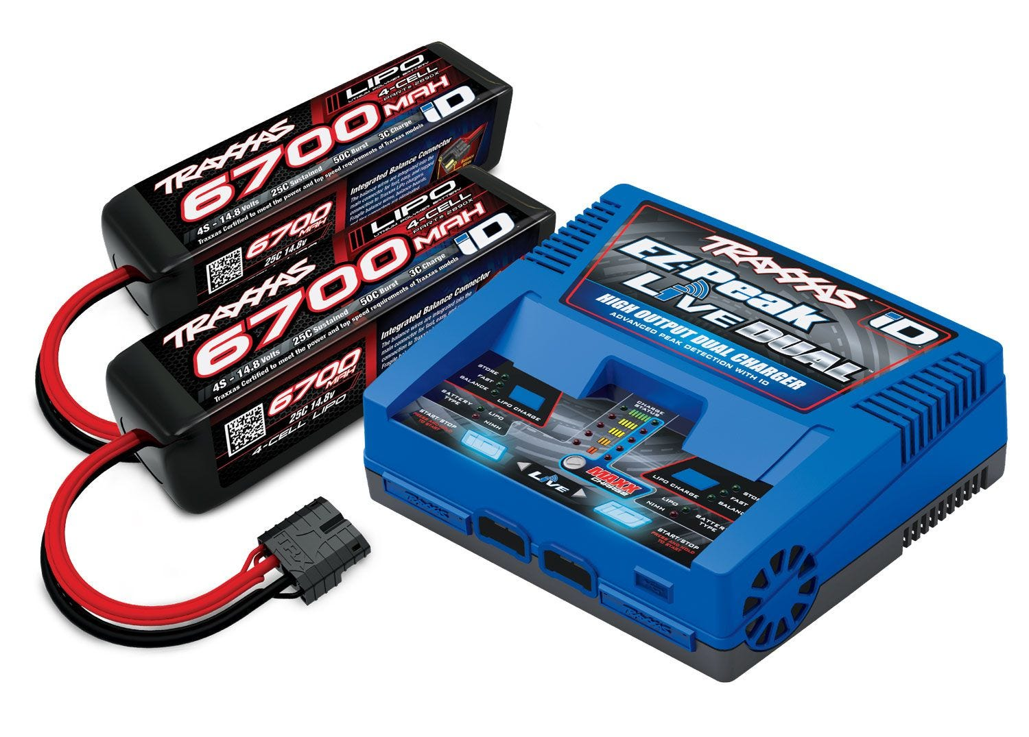 Paquete completo de batería/cargador (incluye cargador Dual iD n.° 2973 (1), batería LiPo iD® n.° 2890X de 6700 mAh, 14,8 V, 4 celdas y 25 C (2))
